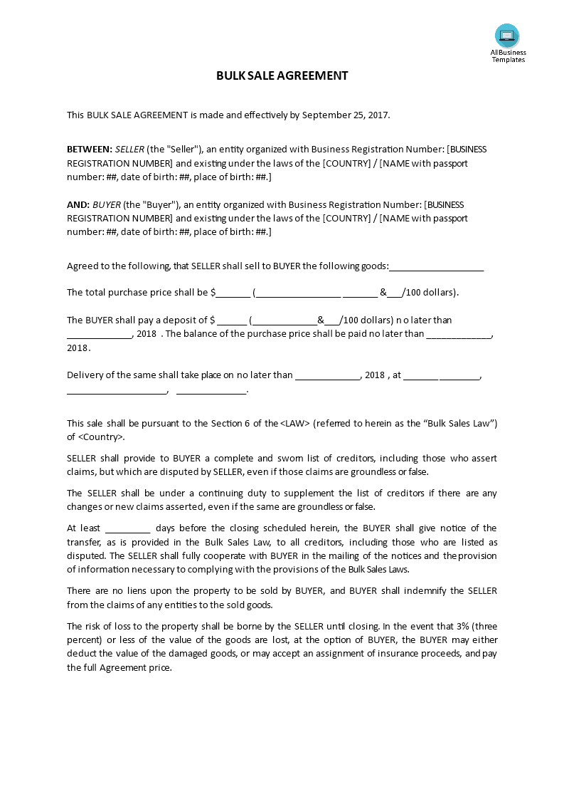 bulk sale agreement template