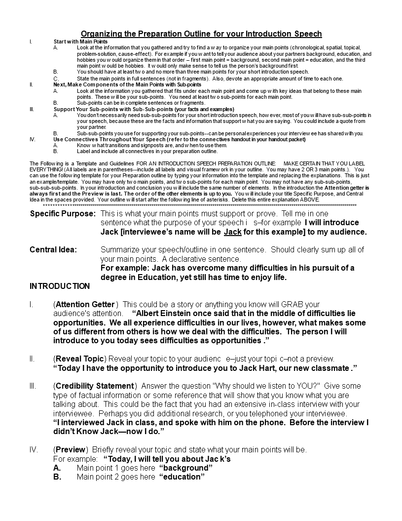 Introduction Speech Preparation Outline 模板