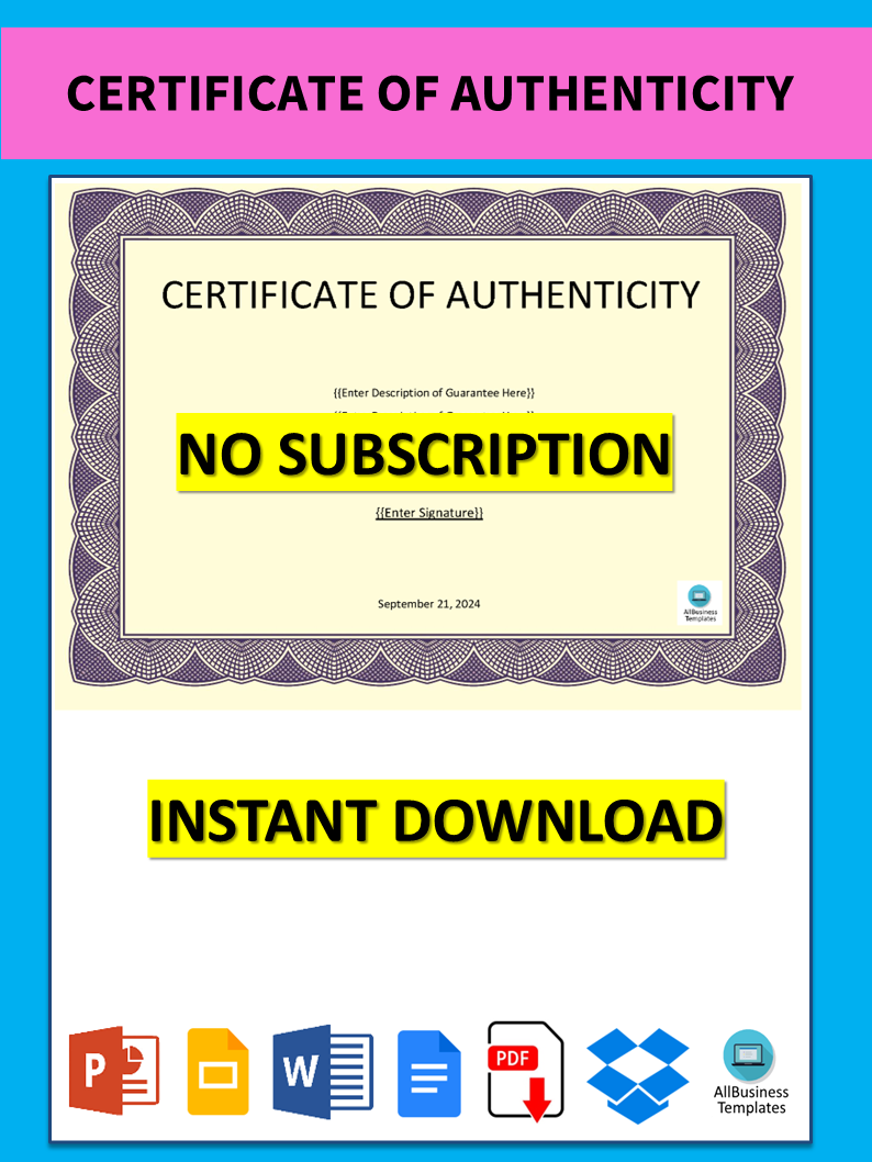 Certificate of Authenticity 模板