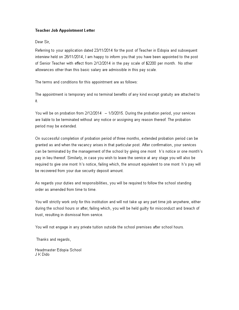 Teacher Format Appointment Letter  Templates at