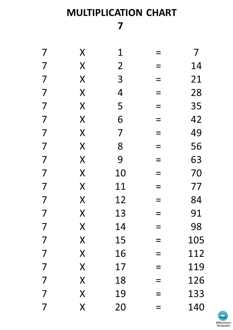 x7 times table chart template