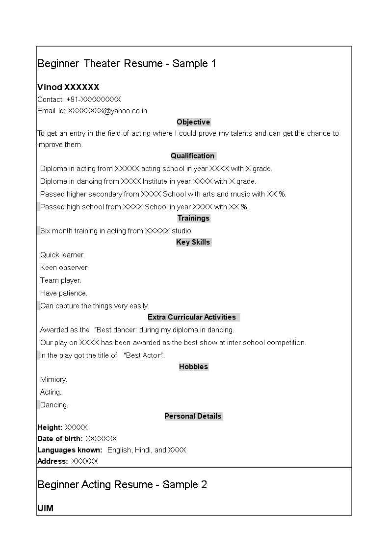 beginner theatre resume template