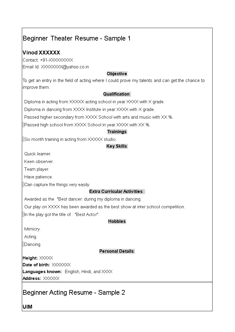 beginner theatre resume Hauptschablonenbild