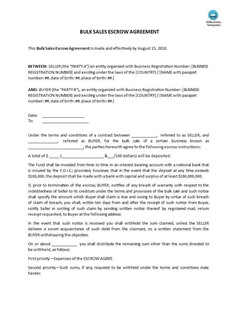 bulk sale, escrow agreement template