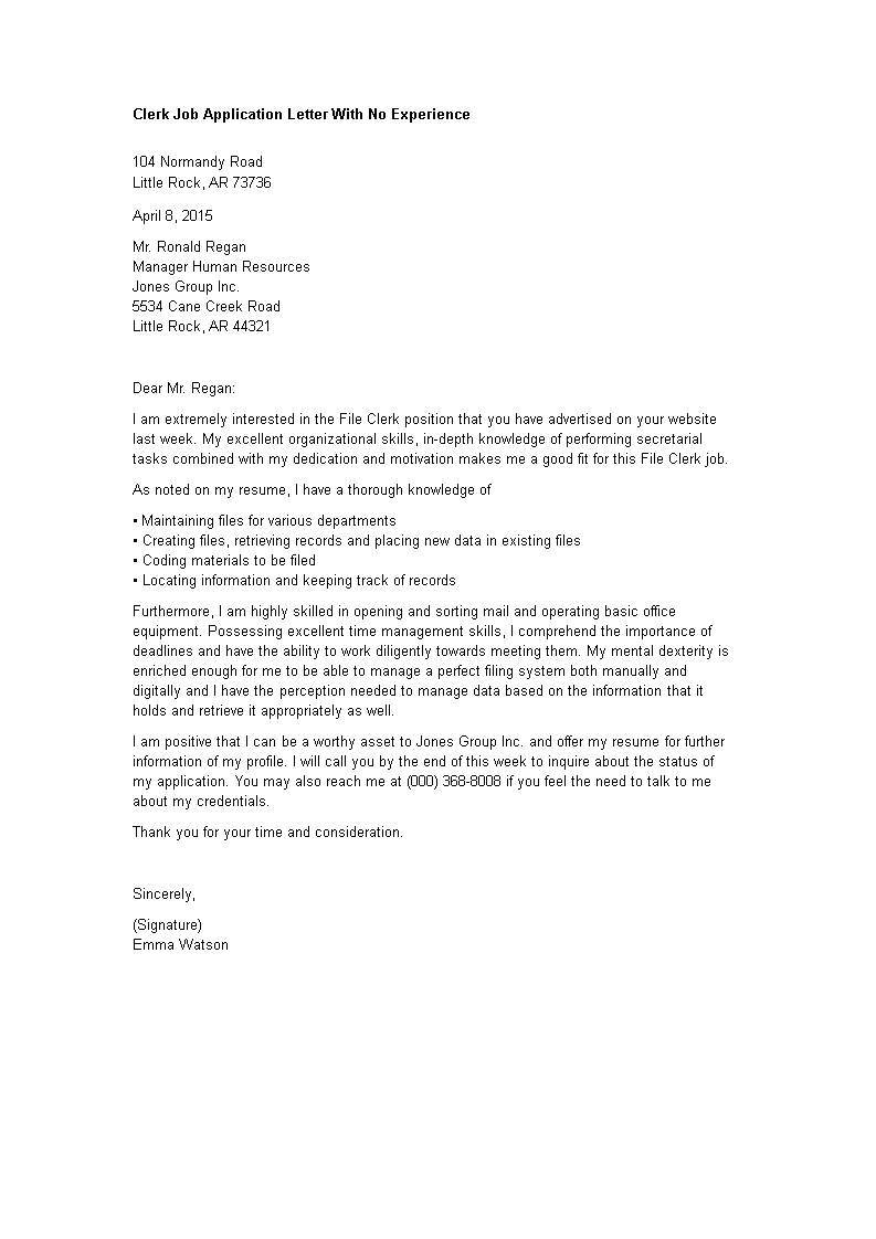 clerk job application letter with no experience voorbeeld afbeelding 