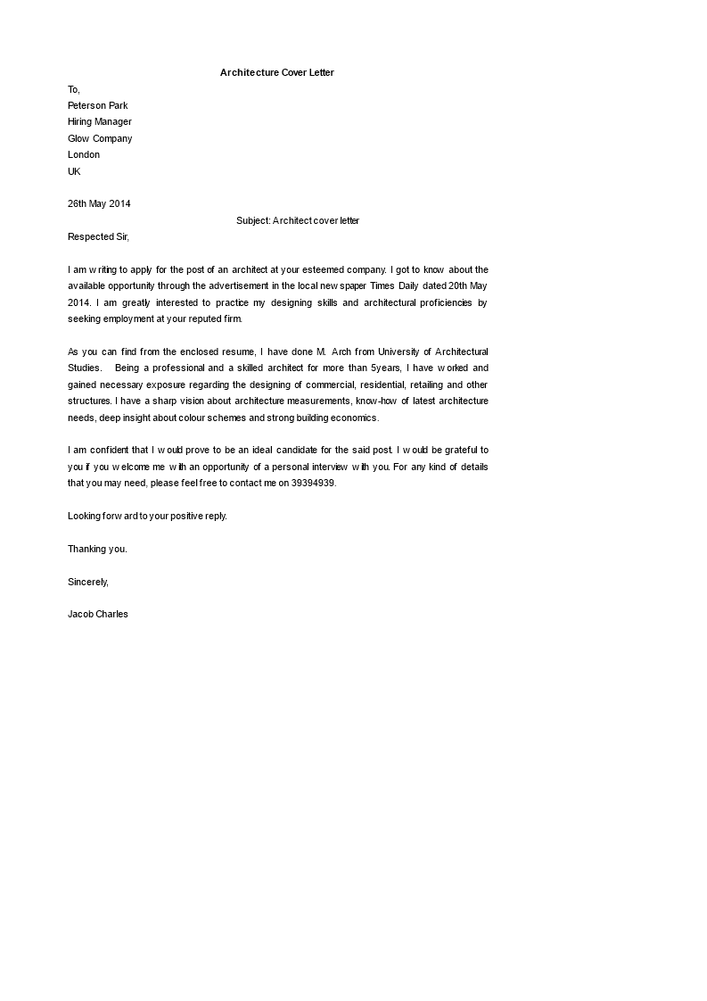 Kostenloses Architecture Cover Letter