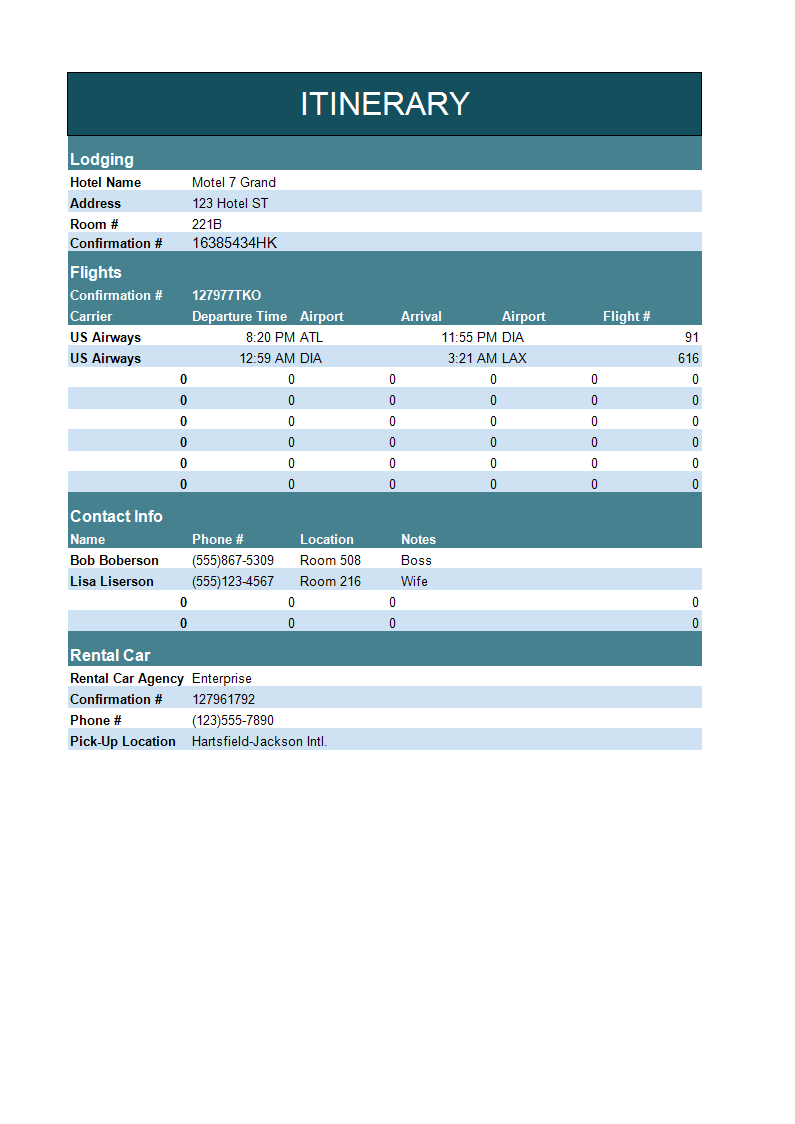 itinerary excel template