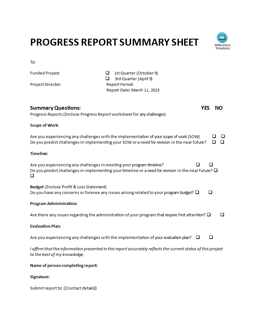 progress report summary sheet Hauptschablonenbild
