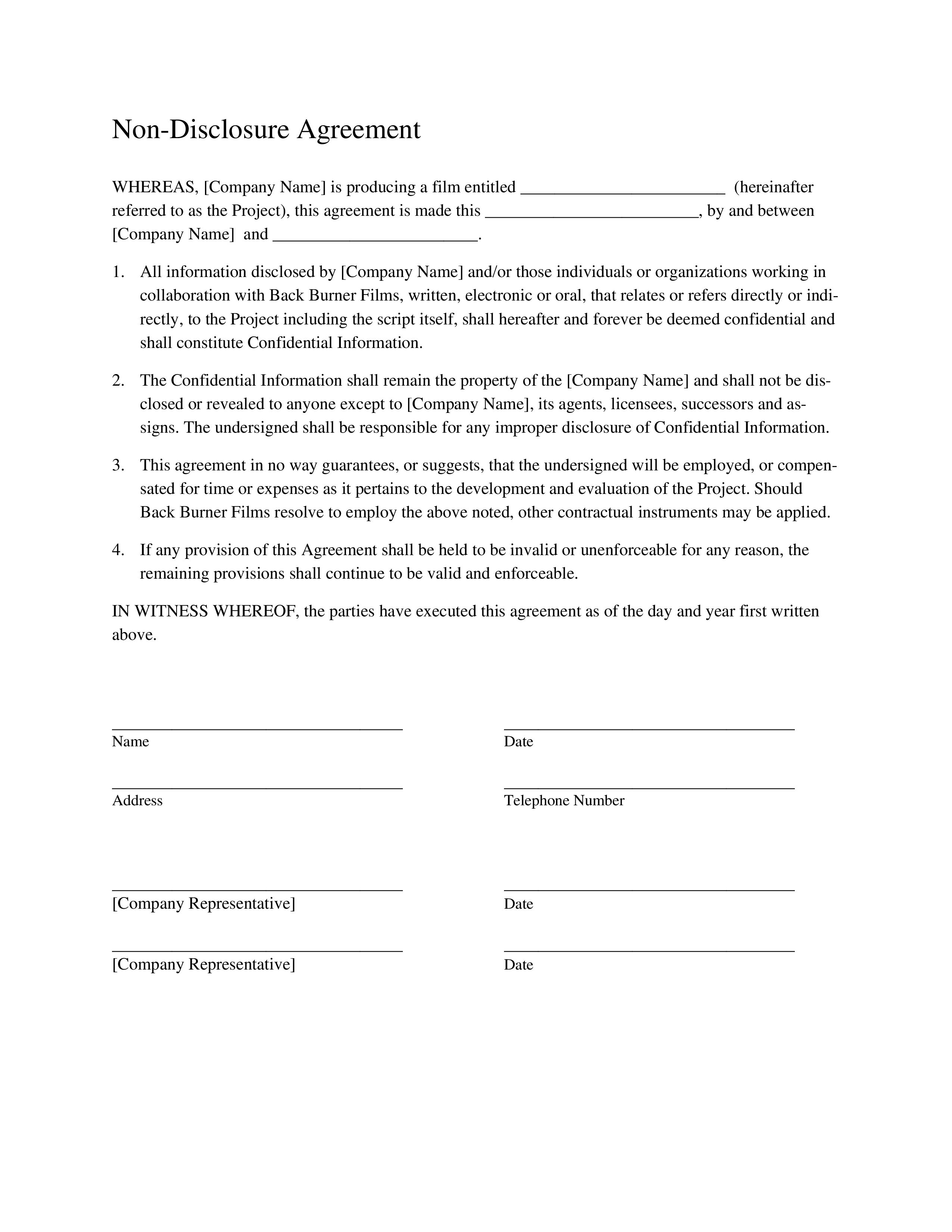 Kostenloses Short Non Disclosure Agreement Regarding film non disclosure agreement template Kostenloses Short Non Disclosure Agreement Regarding film non disclosure agreement template