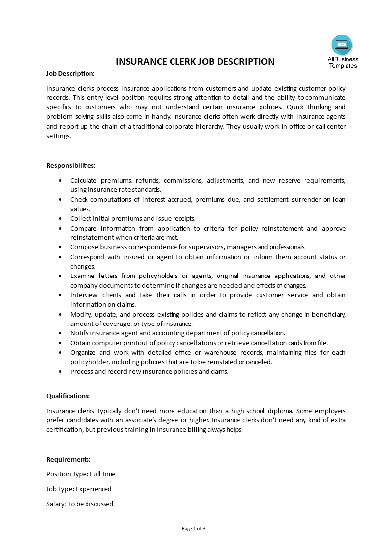 insurance clerk job description template