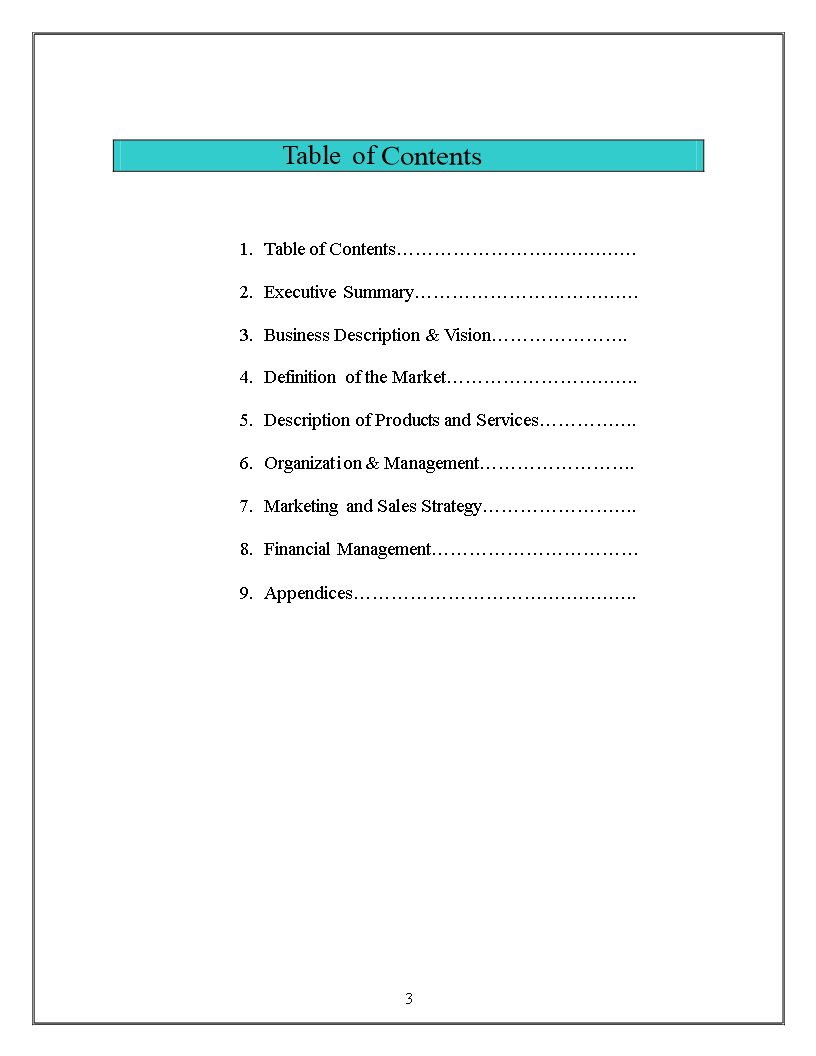 sample business plan table of contents