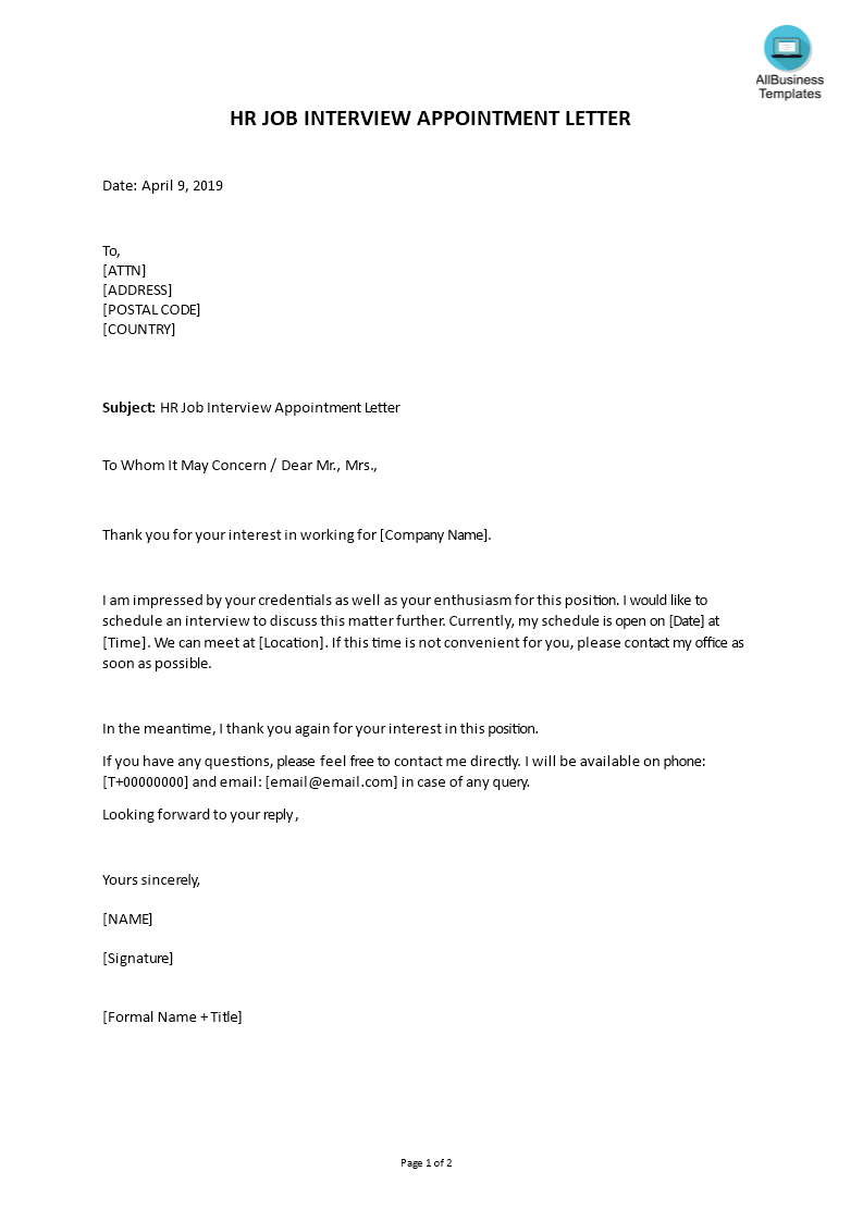 hr job interview appointment letter in word template