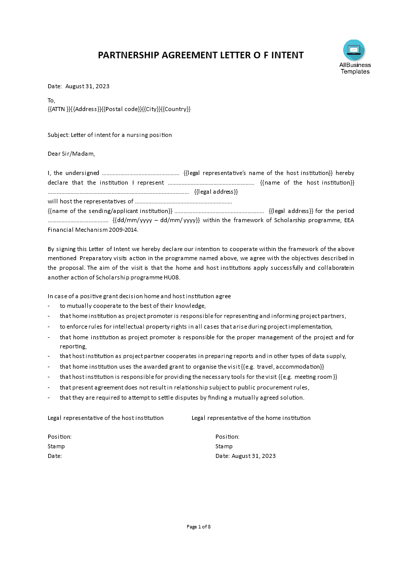 partnership agreement letter of intent template