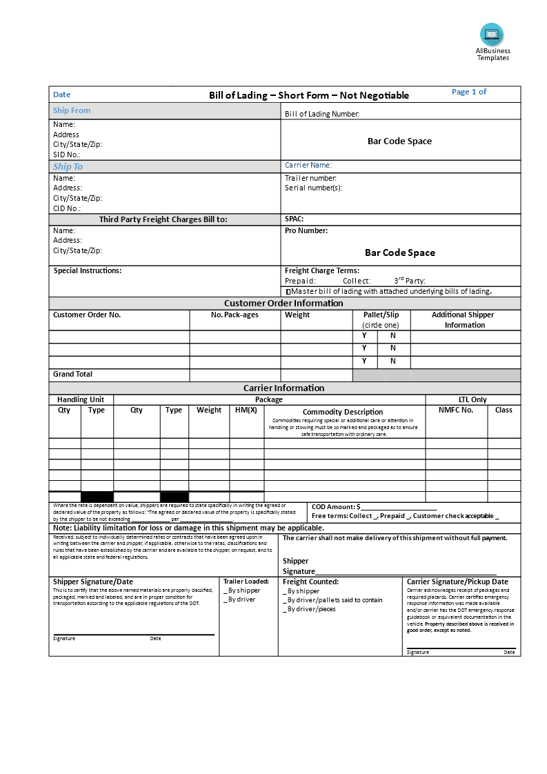 Bill Of Lading Form main image