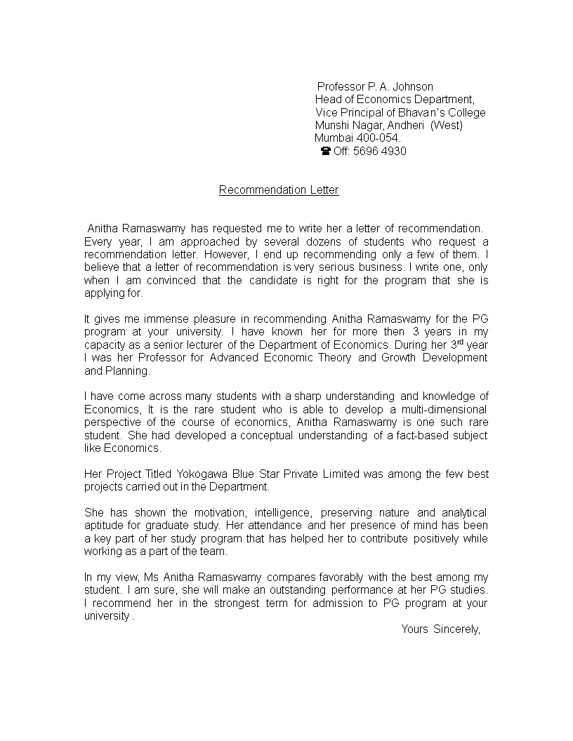reference letter from professor Hauptschablonenbild