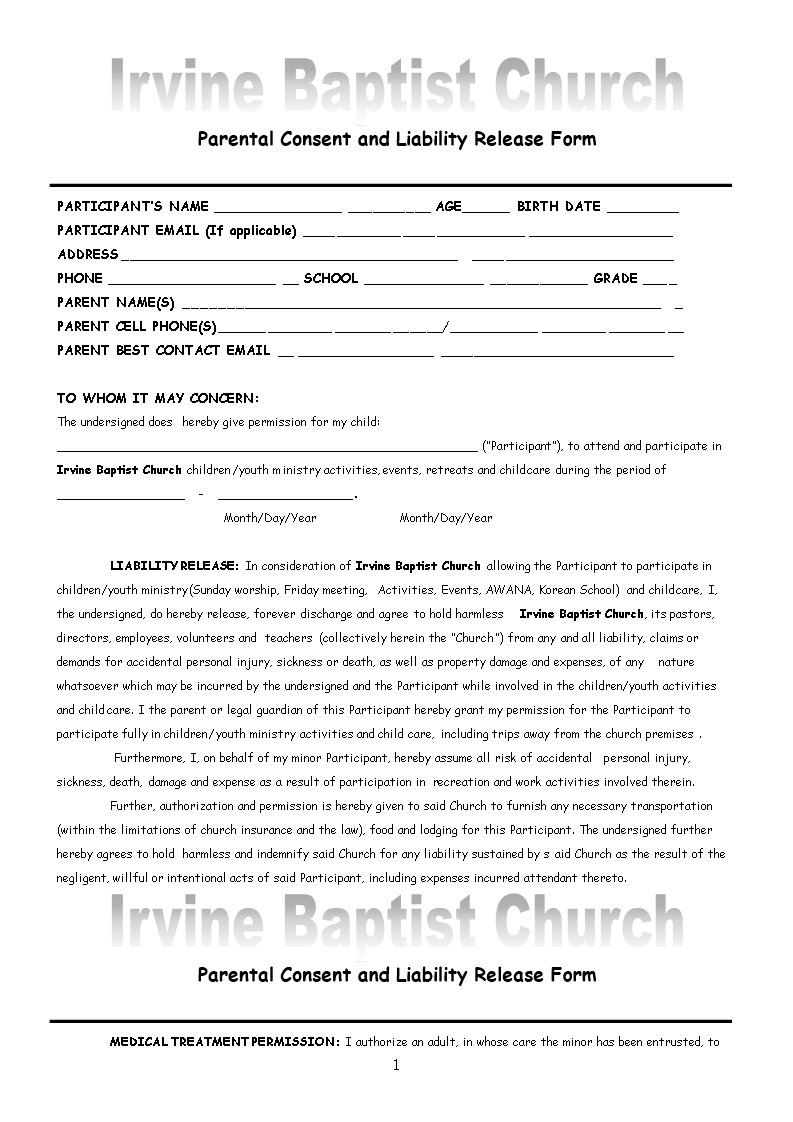 parental consent and liability release form template