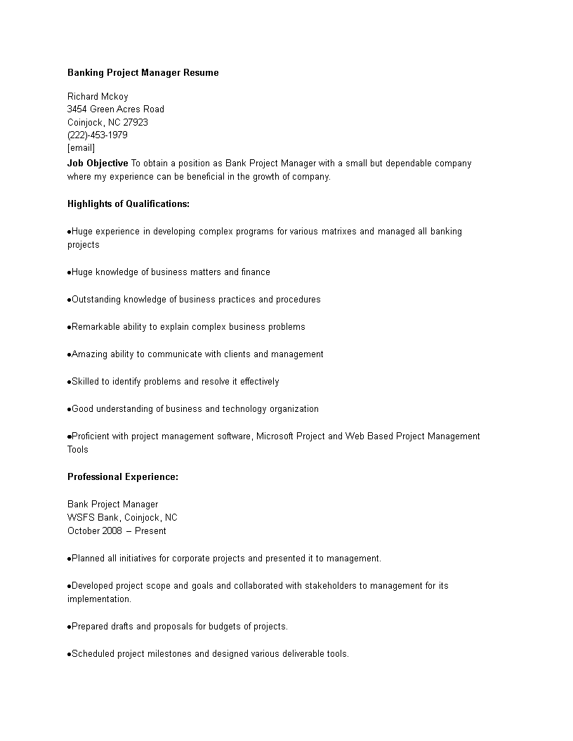 Banking Project Manager Resume 模板