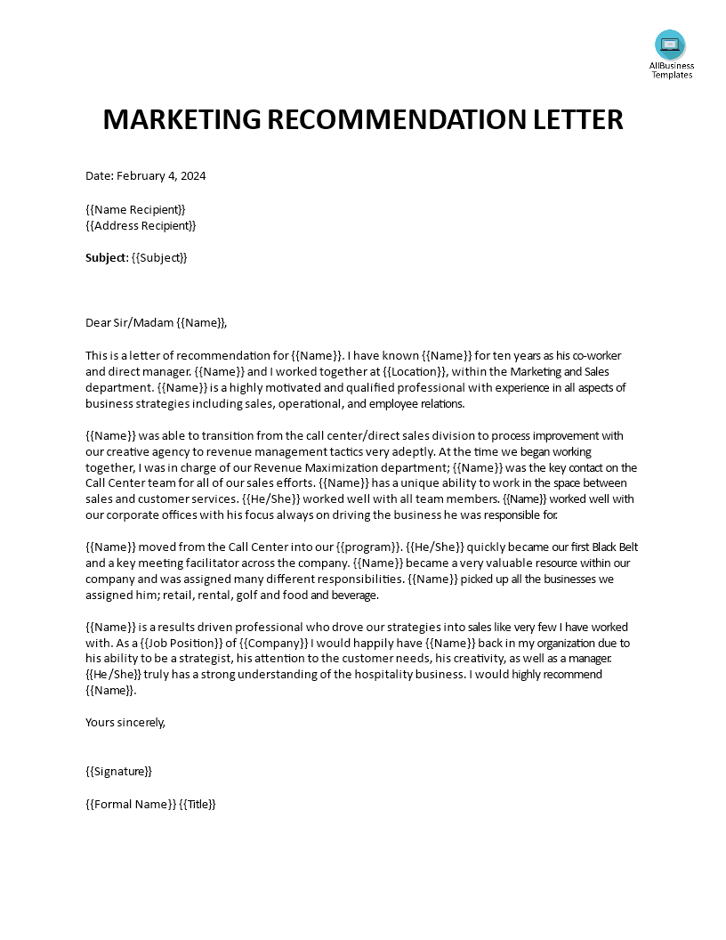 marketing recommendation letter modèles