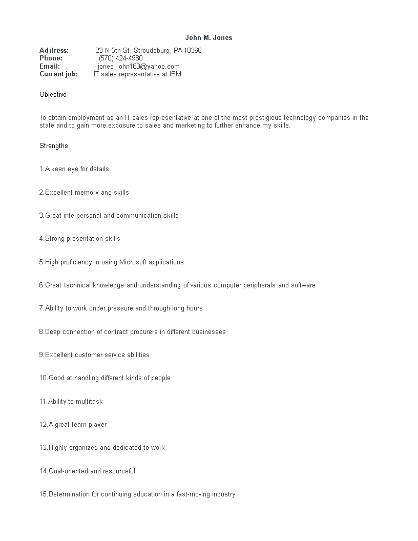 sales one page resume template