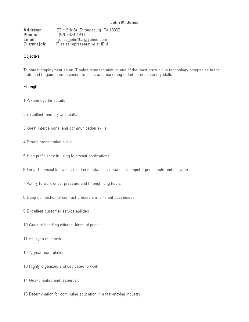 sales one page resume modèles