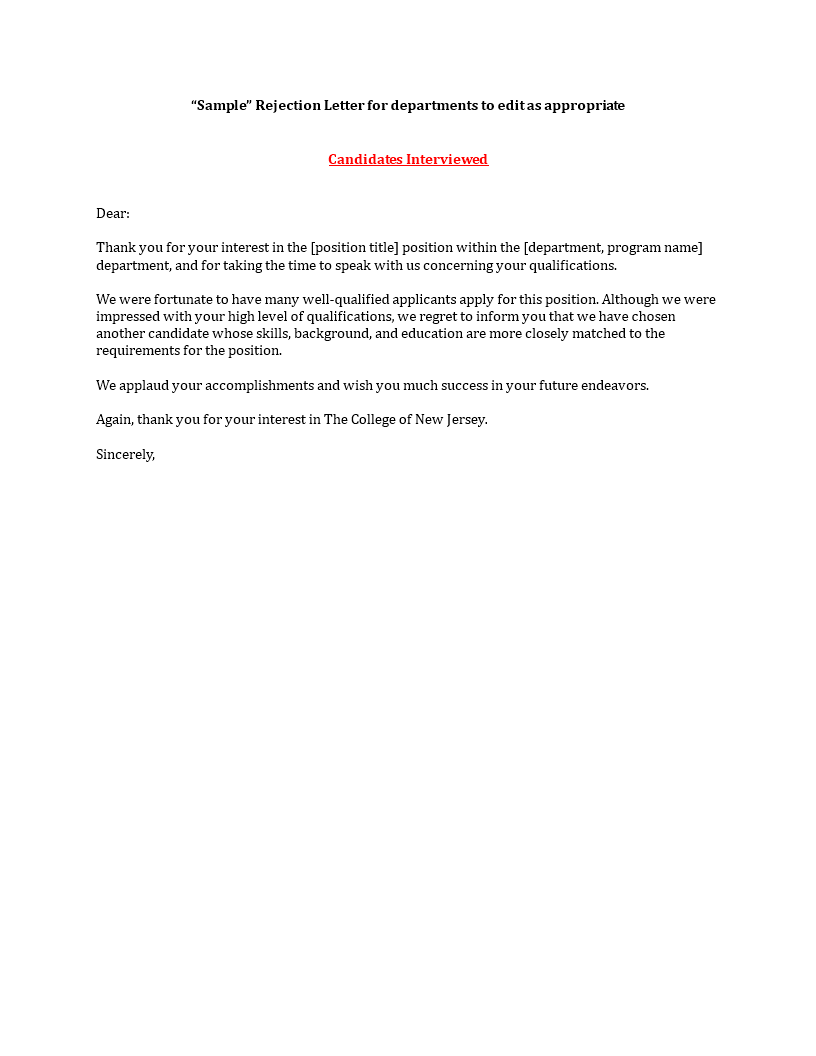 sample rejection letter candidates interviewed template