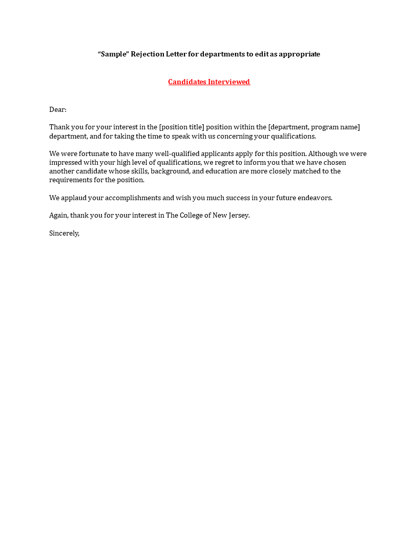 sample rejection letter candidates interviewed voorbeeld afbeelding 