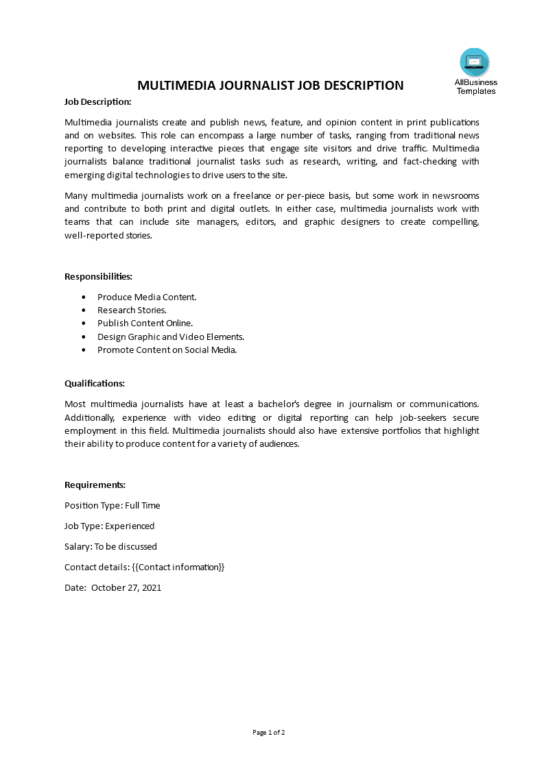 Multimedia Journalist Job Description main image