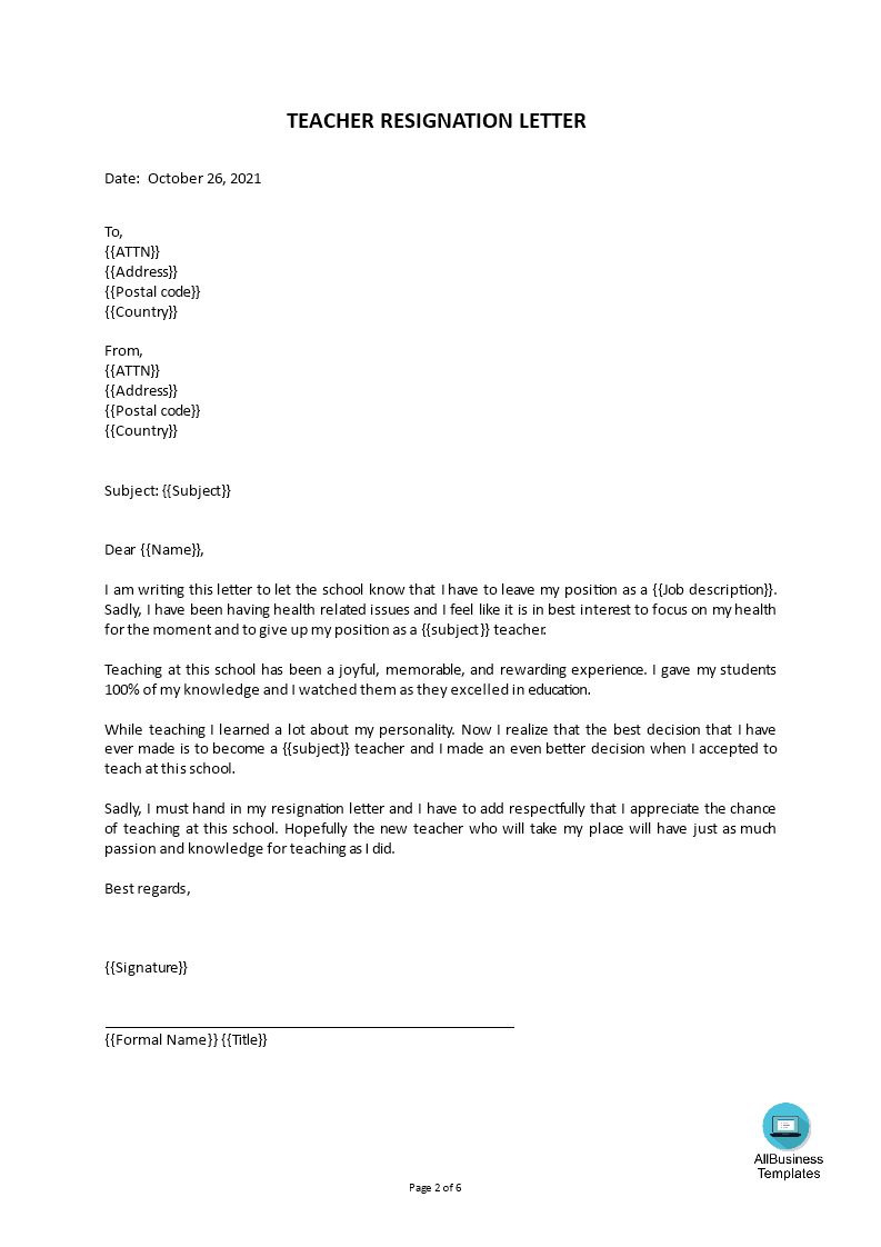 teaching job resignation letter voorbeeld afbeelding 