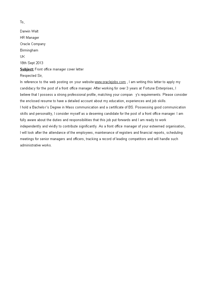 front office manager resume cover letter