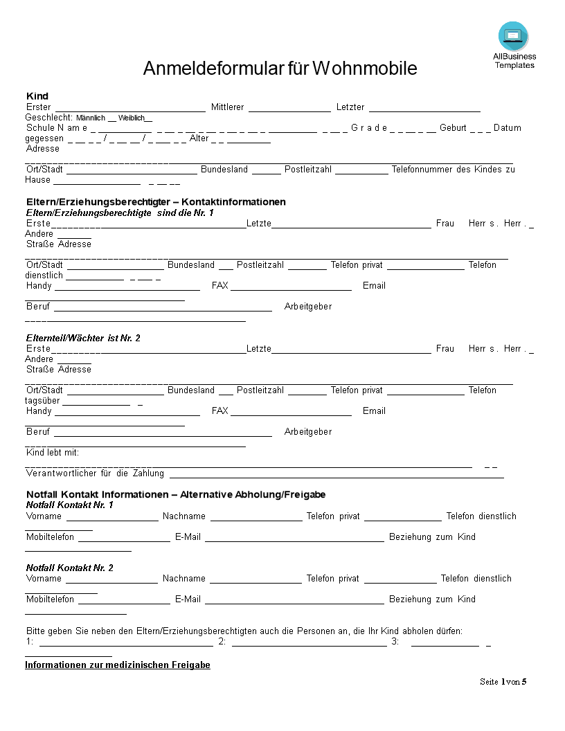 Anmeldeformular für das Ferienlager 模板