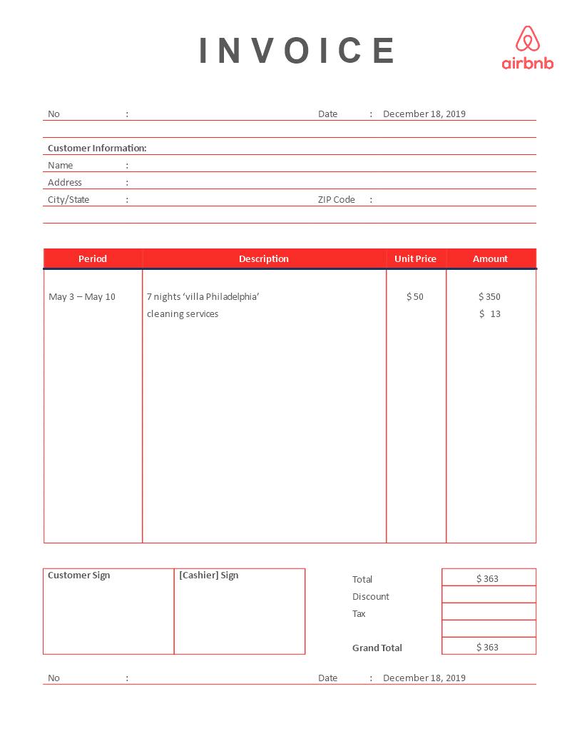 AIRBNB Rental Invoice template - Premium Schablone Throughout Template Of Invoice For Services Rendered