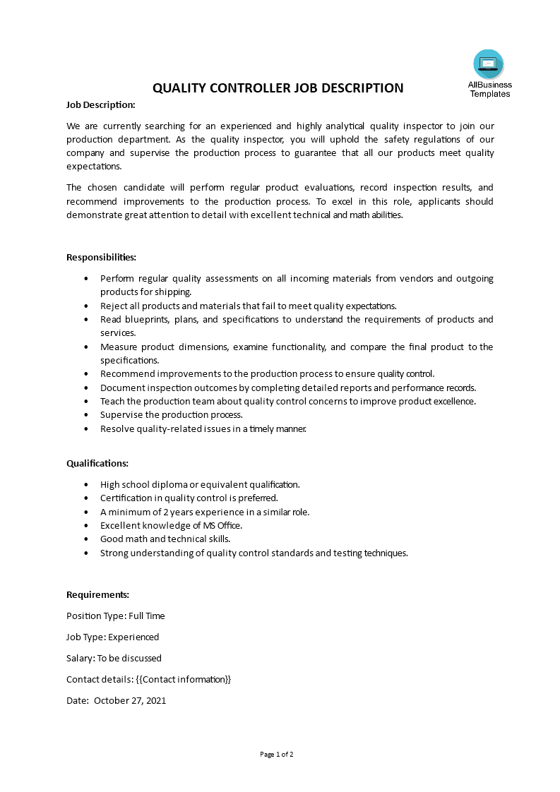 quality controller job description plantilla imagen principal