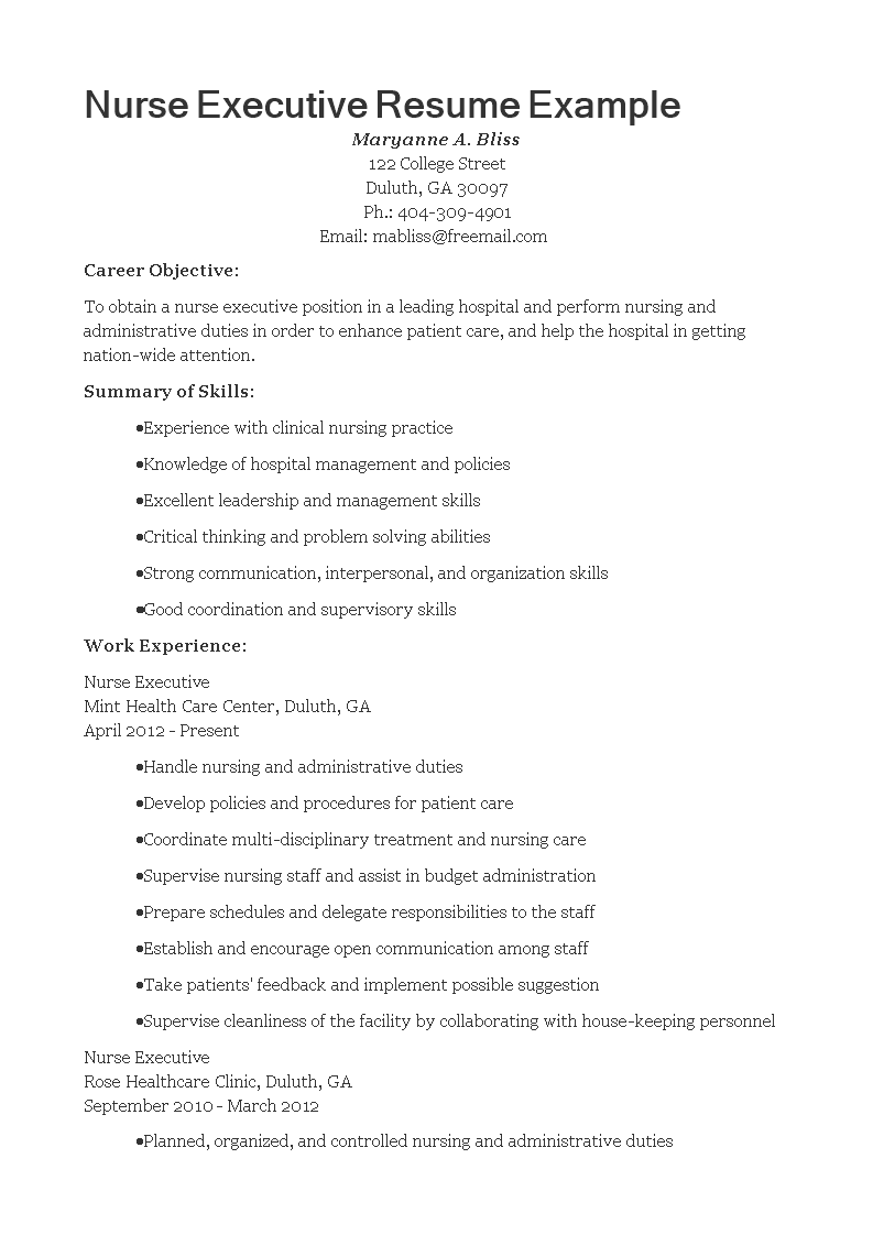 nurse executive resume sample template