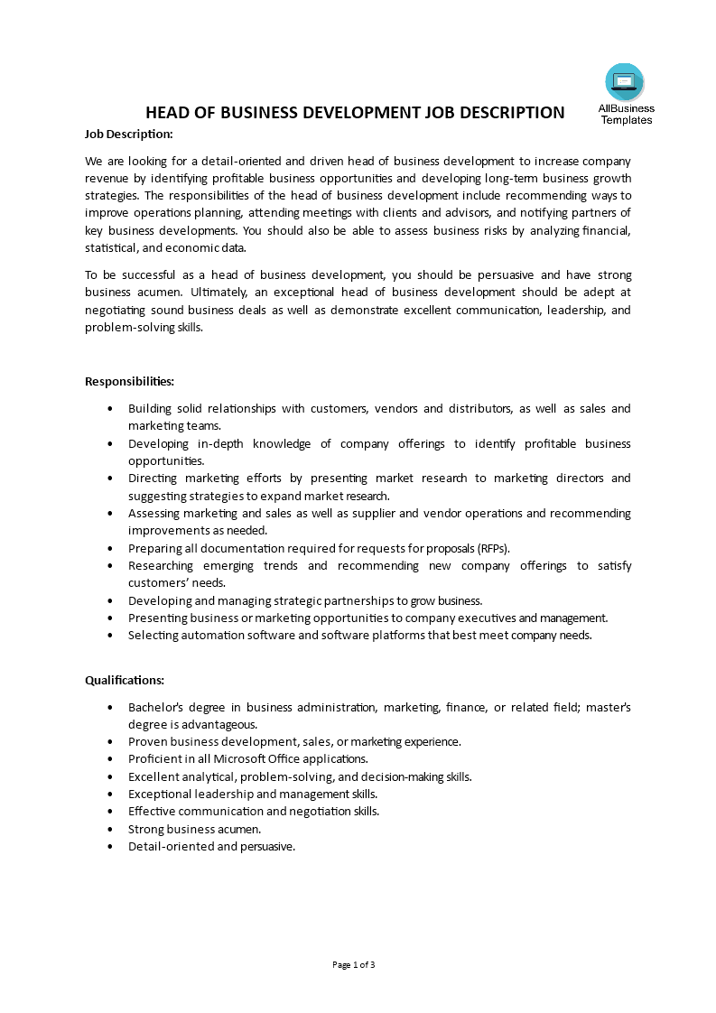 Head Of Business Development Job Description 模板