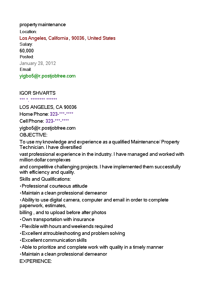 property maintenance resume modèles