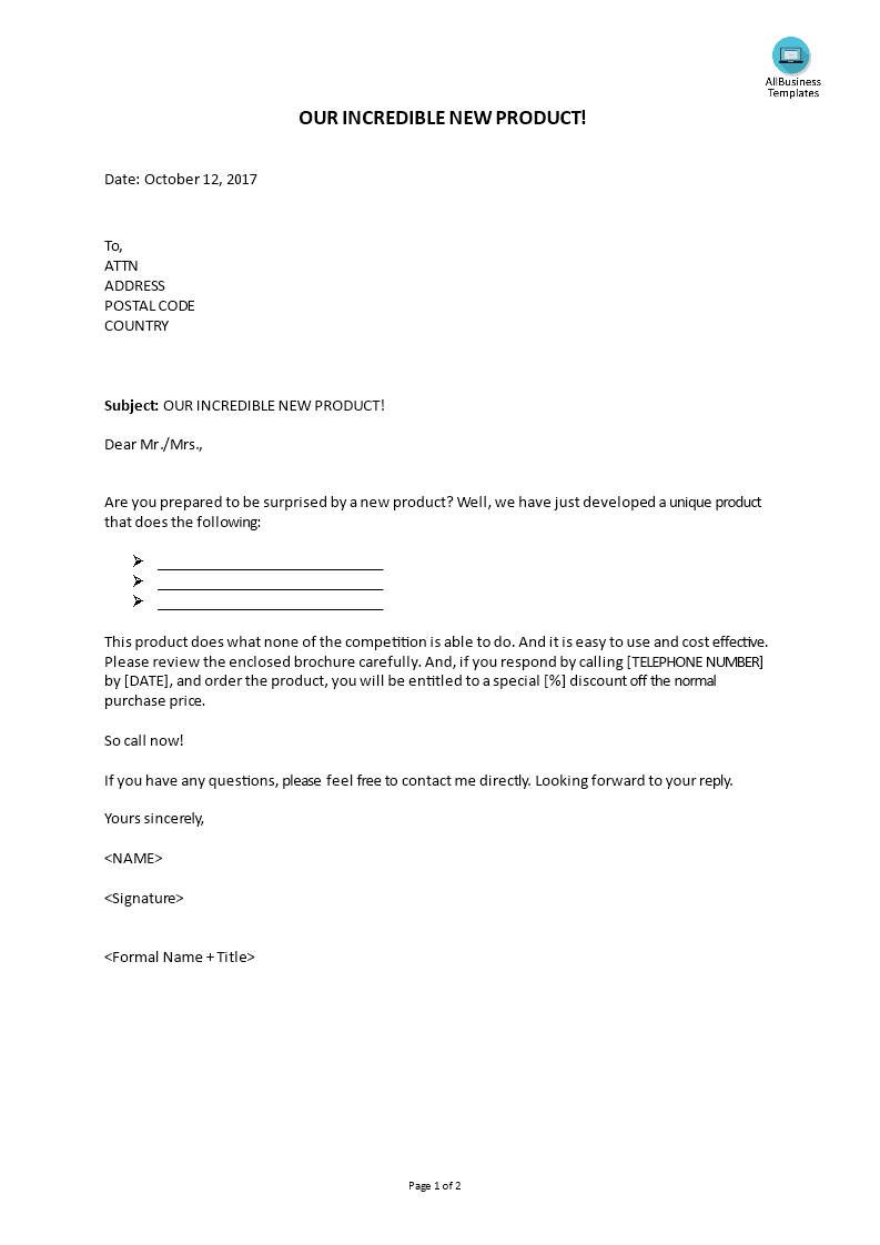 letter announcing new product voorbeeld afbeelding 