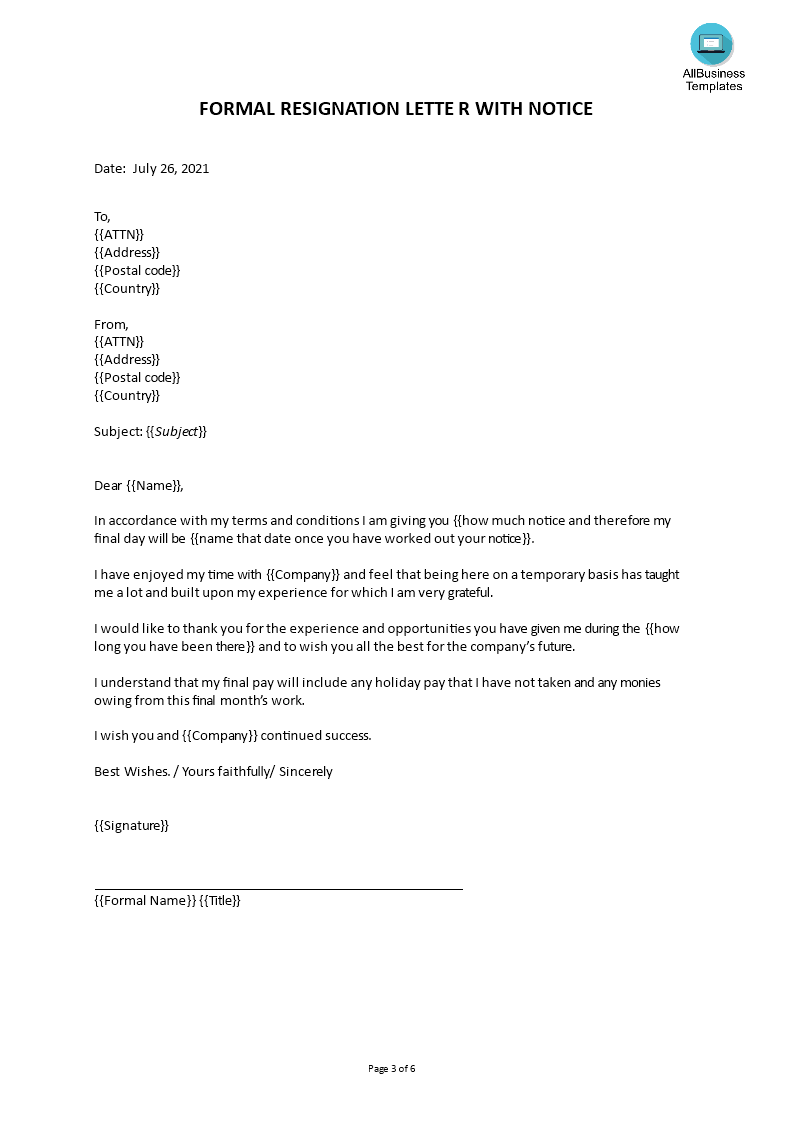 short term employment resignation letter modèles