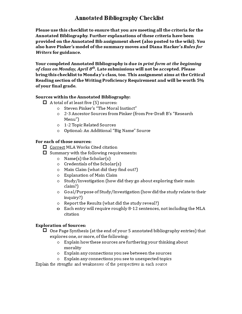 Simple Annotated Bibliography Checklist 模板