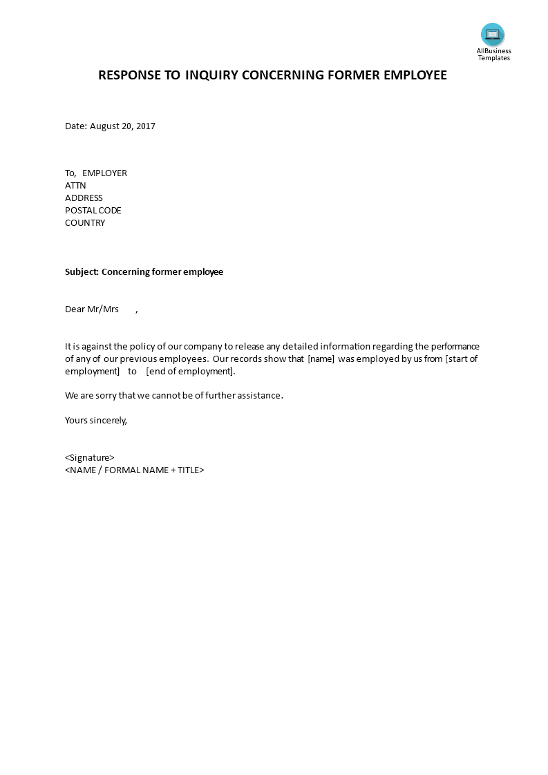 response to inquiry concerning former employee Hauptschablonenbild