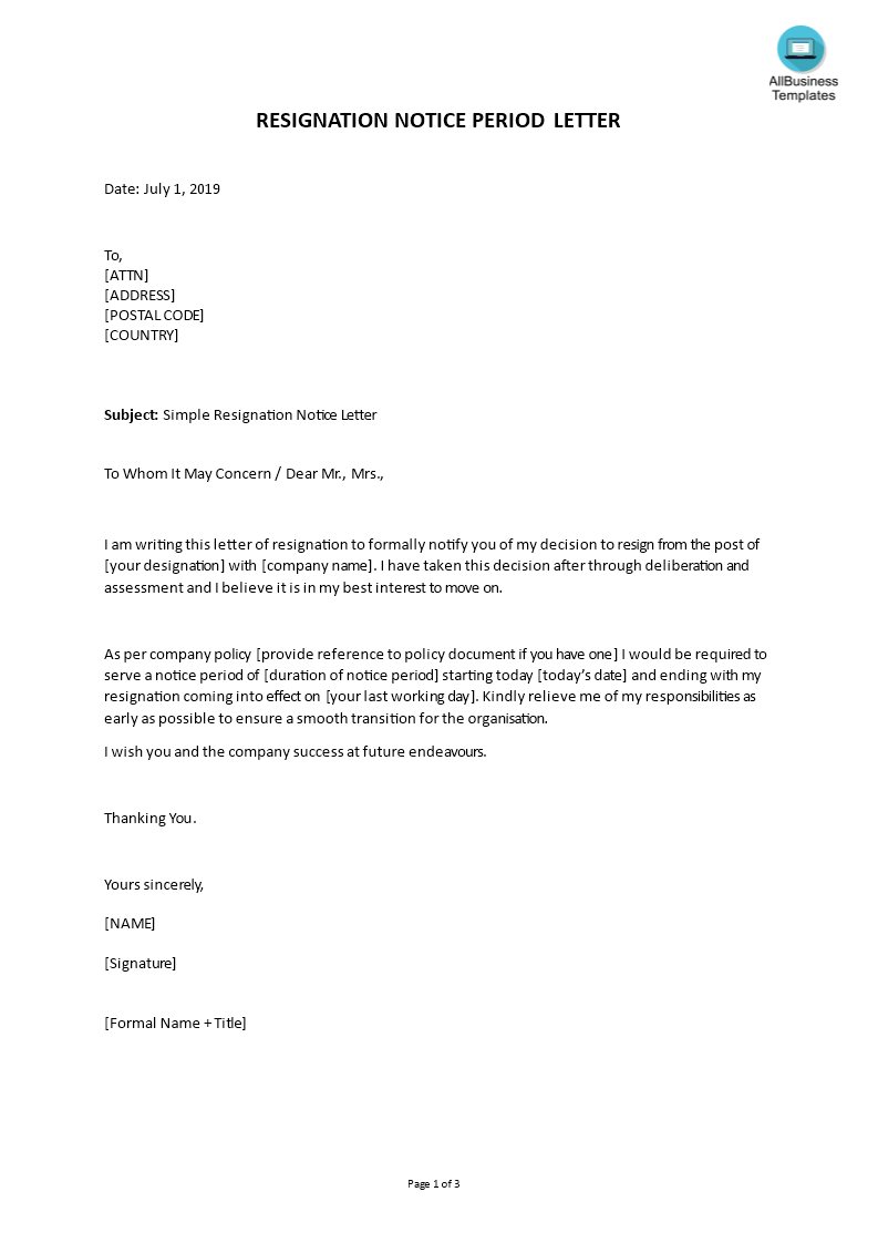 Simple Resignation Notice Letter Template Word Templates