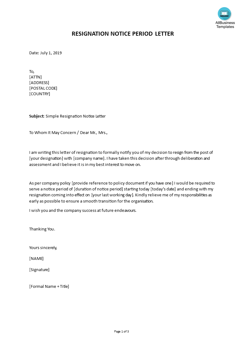 simple resignation notice letter template word template