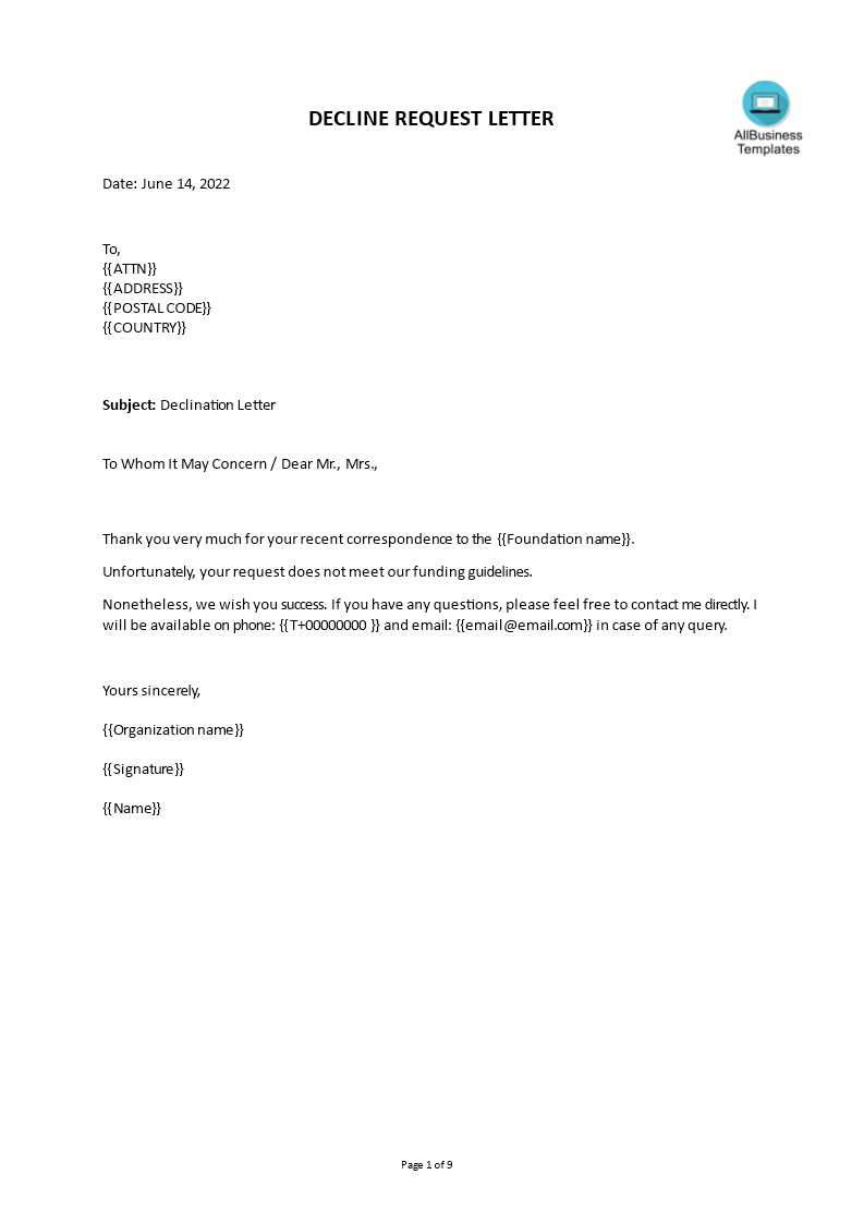 request declination letter sample template