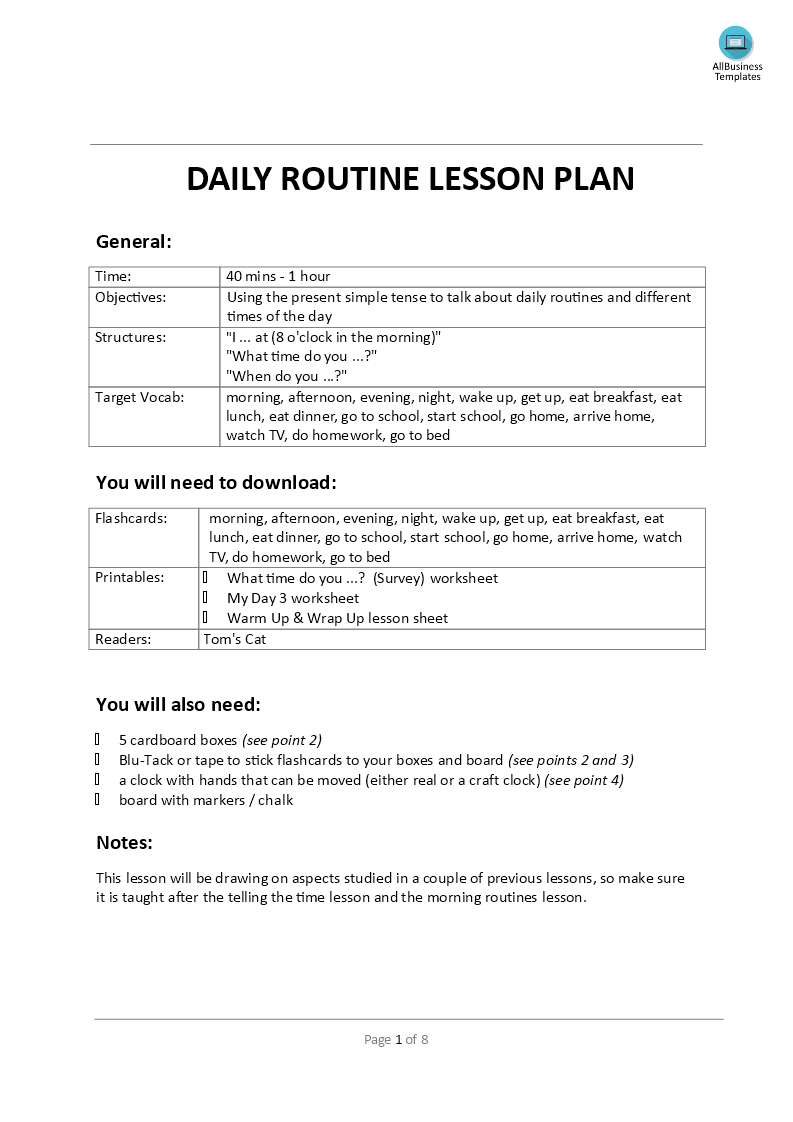 daily routine lesson plan plantilla imagen principal