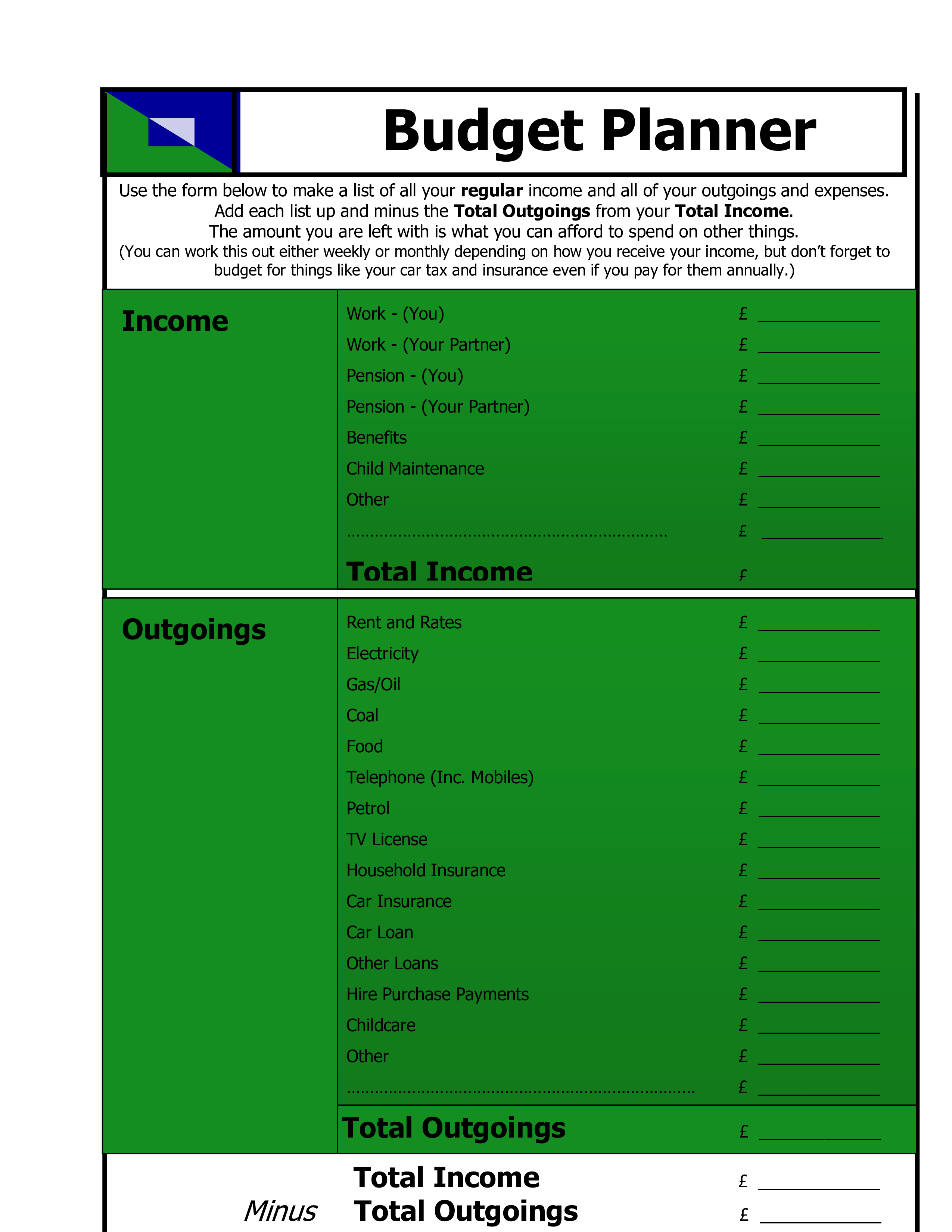 blank budget planner modèles