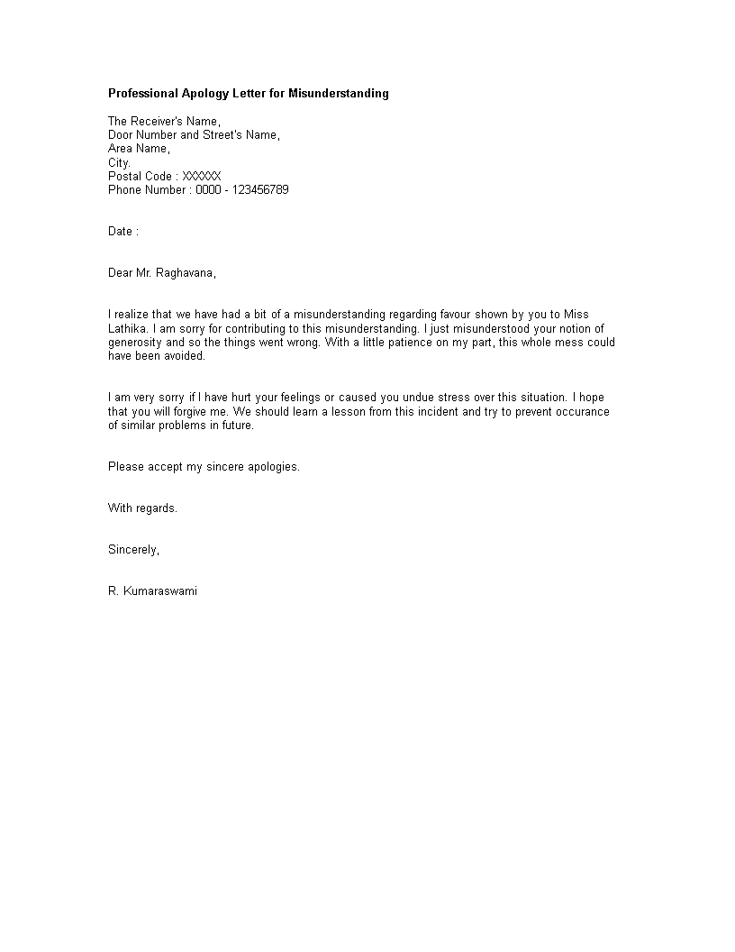 professional apology letter for misunderstanding template