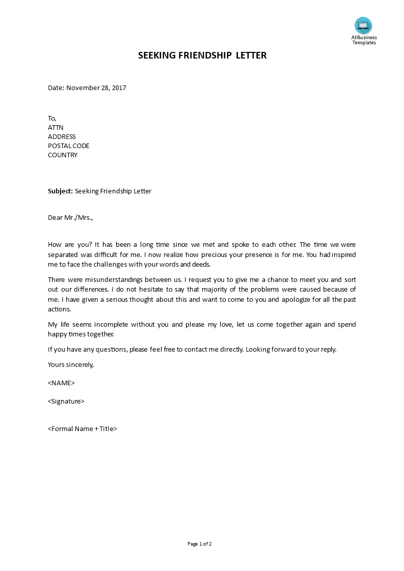 Seeking Friendship Letter Templates at