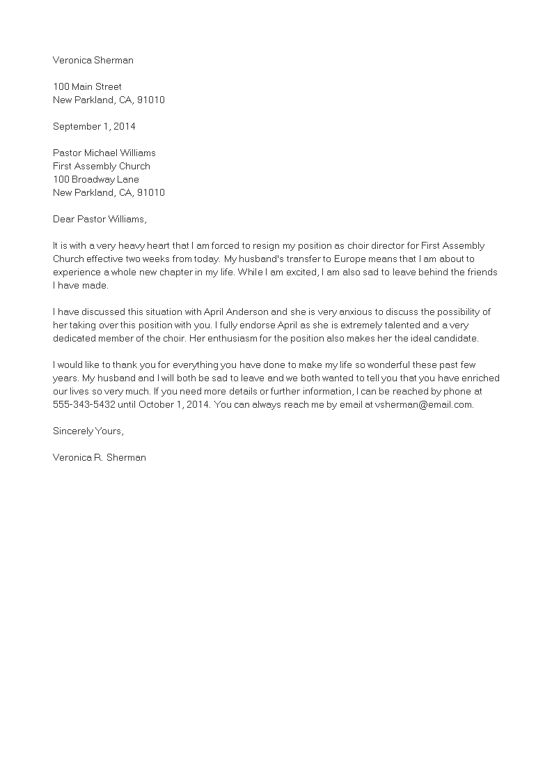 church resignation letter choir director template