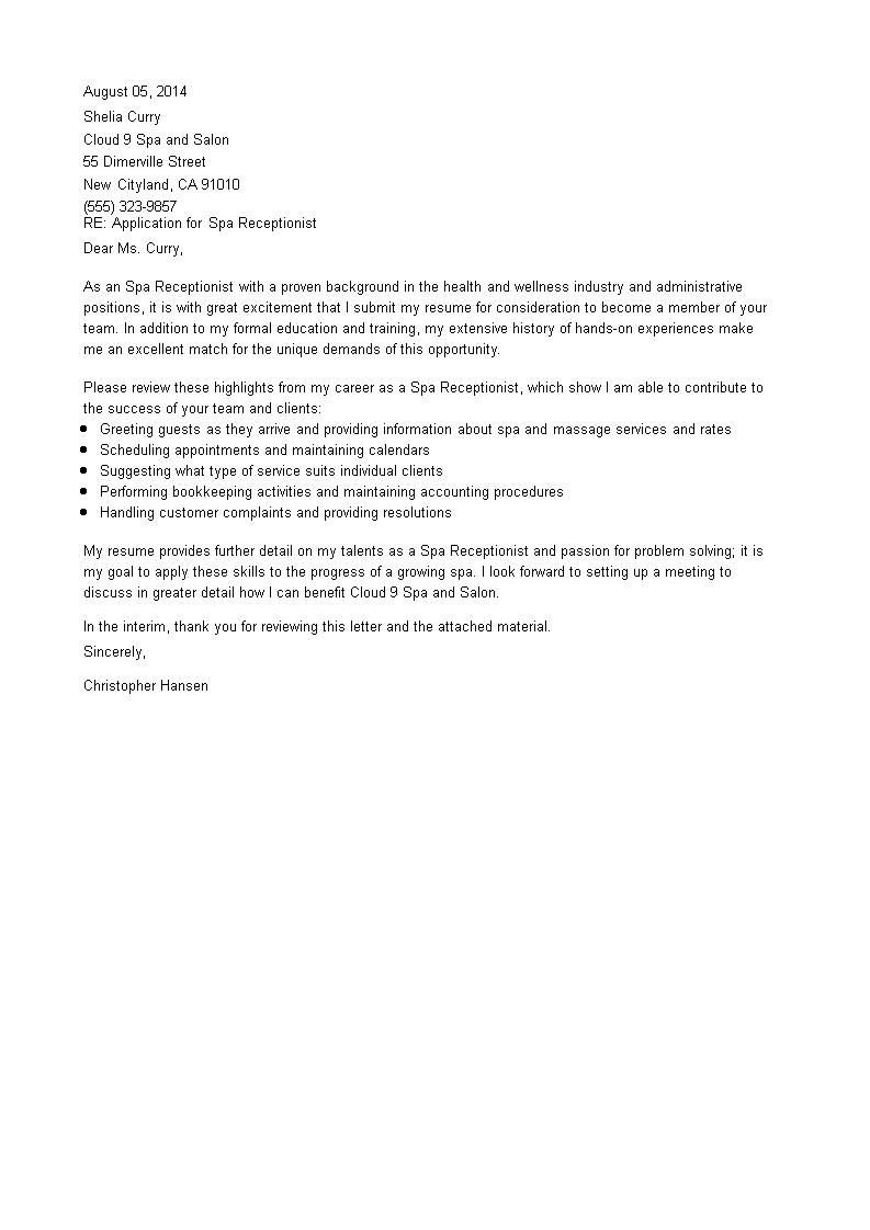 Job Application Letter for Spa Receptionist main image