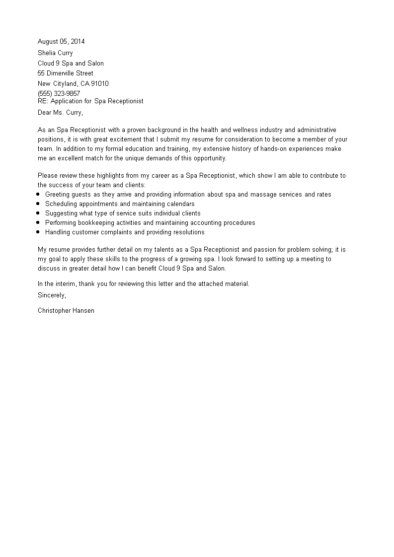 job application letter for spa receptionist template