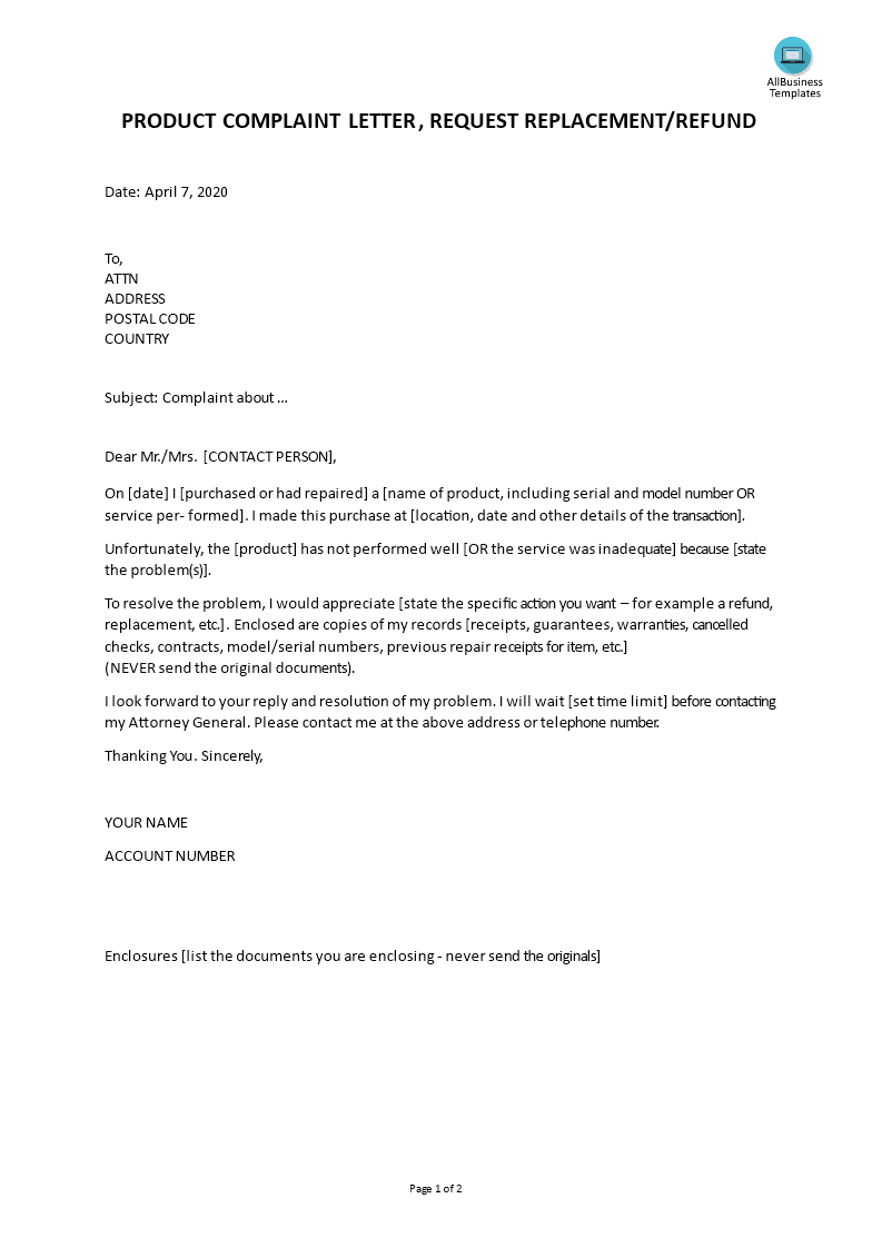 Product complaint letter request for refund  Templates at